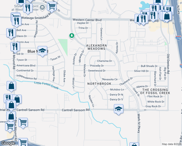 map of restaurants, bars, coffee shops, grocery stores, and more near 6033 Deerfoot Trail in Fort Worth