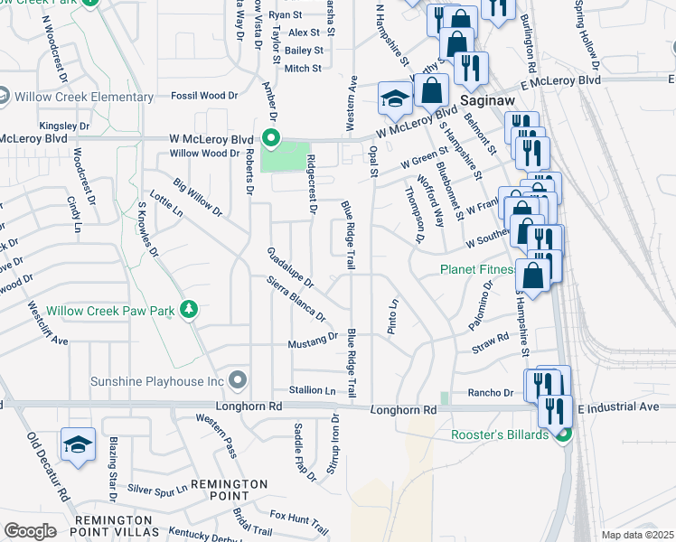 map of restaurants, bars, coffee shops, grocery stores, and more near 507 Prairie Court in Saginaw
