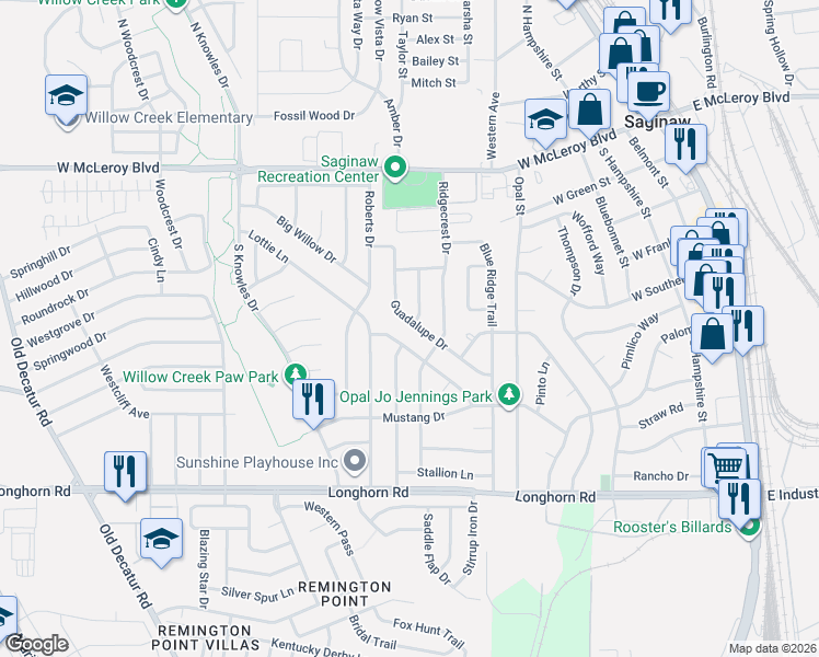 map of restaurants, bars, coffee shops, grocery stores, and more near 700 Sierra Blanca Drive in Saginaw