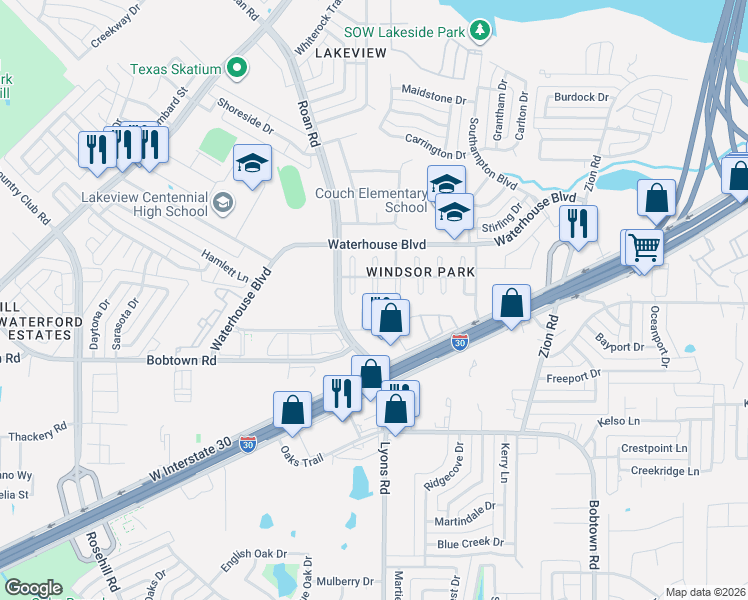 map of restaurants, bars, coffee shops, grocery stores, and more near 5213 Welbeck Court in Garland