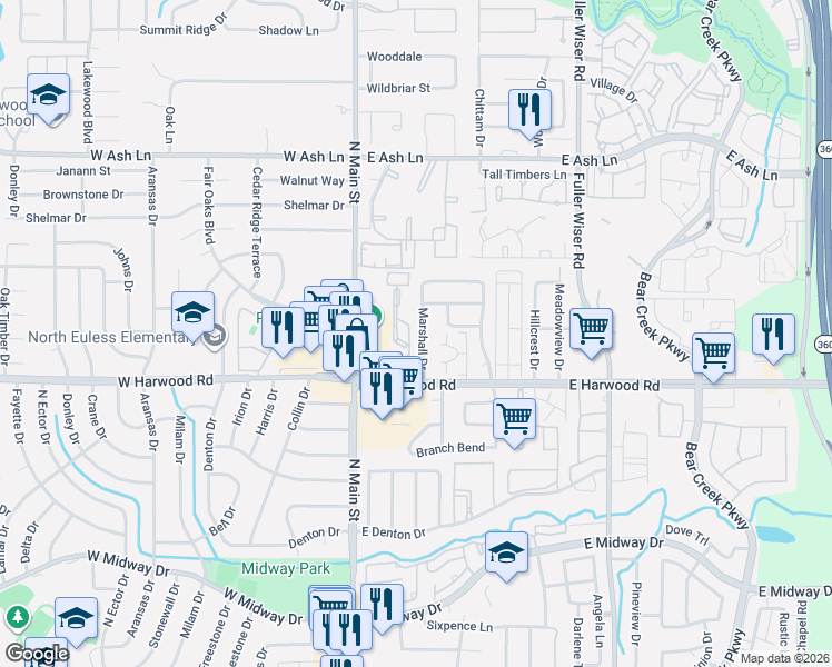 map of restaurants, bars, coffee shops, grocery stores, and more near 1115 Marshall Drive in Euless