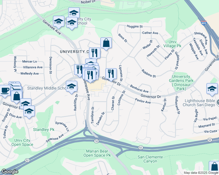 map of restaurants, bars, coffee shops, grocery stores, and more near 6194 Agee Street in San Diego