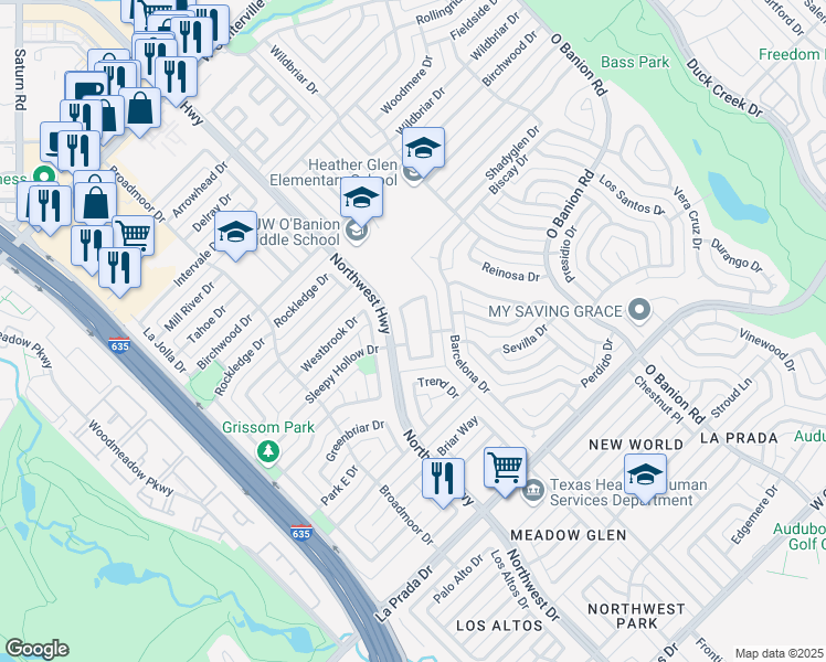map of restaurants, bars, coffee shops, grocery stores, and more near 758 Meadowcreek Court in Garland