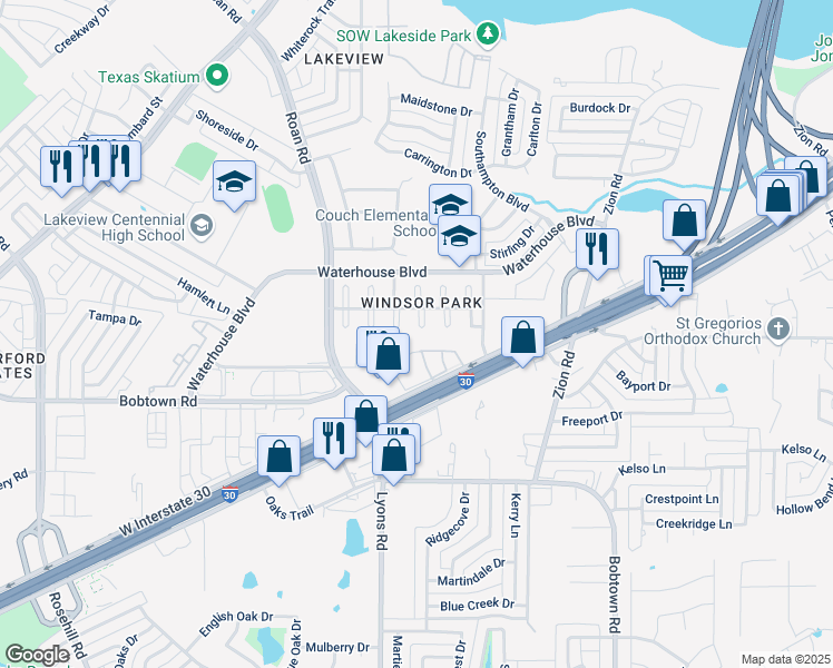 map of restaurants, bars, coffee shops, grocery stores, and more near 5213 Wolverton Court in Garland