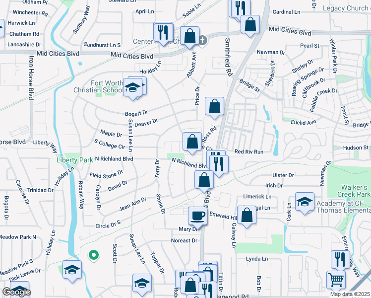 map of restaurants, bars, coffee shops, grocery stores, and more near 7760 North College Circle in North Richland Hills