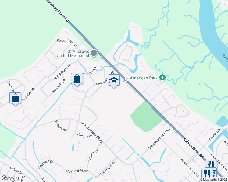 map of restaurants, bars, coffee shops, grocery stores, and more near 3183 Ashley River Road in Charleston