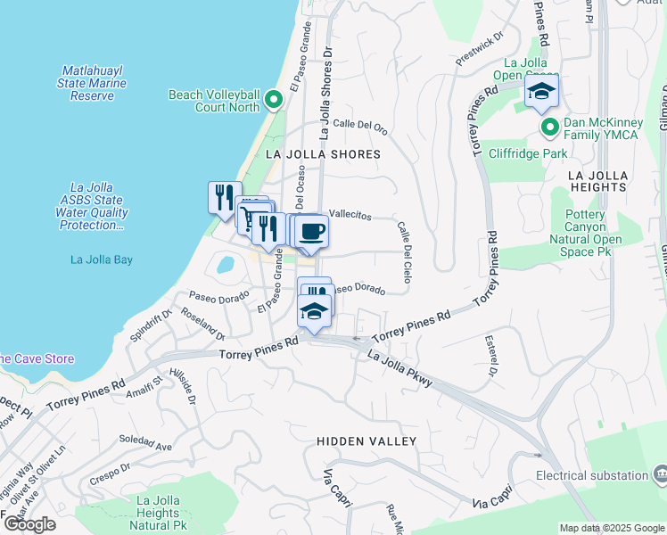 map of restaurants, bars, coffee shops, grocery stores, and more near 2315 Avenida De La Playa in San Diego