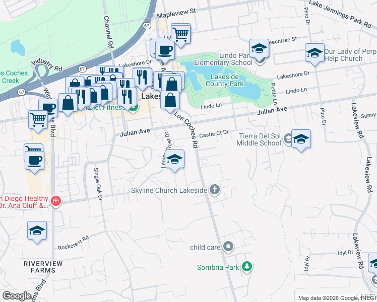 map of restaurants, bars, coffee shops, grocery stores, and more near 9620 Los Coches Road in Lakeside