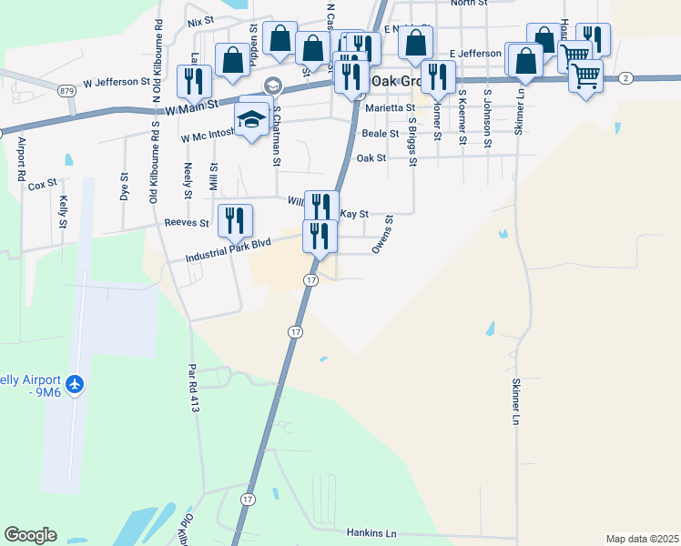 map of restaurants, bars, coffee shops, grocery stores, and more near 217-223 Cemetery Street in Oak Grove