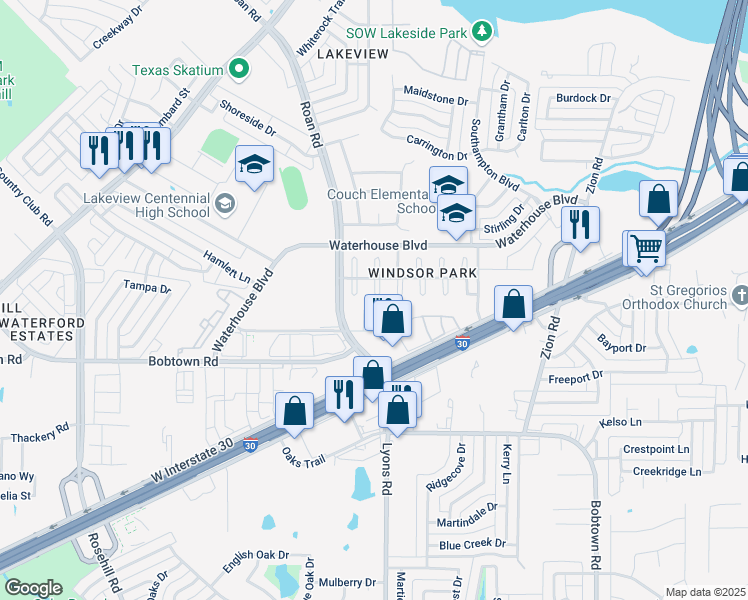 map of restaurants, bars, coffee shops, grocery stores, and more near 5213 Welbeck Court in Garland