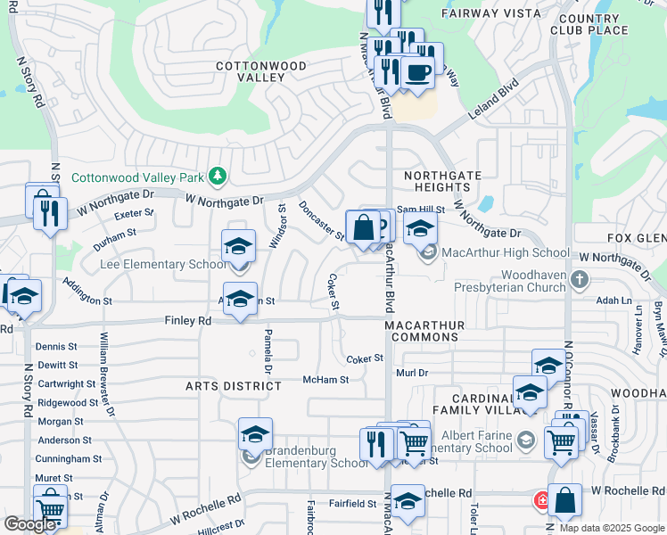 map of restaurants, bars, coffee shops, grocery stores, and more near 3615 Coker Street in Irving