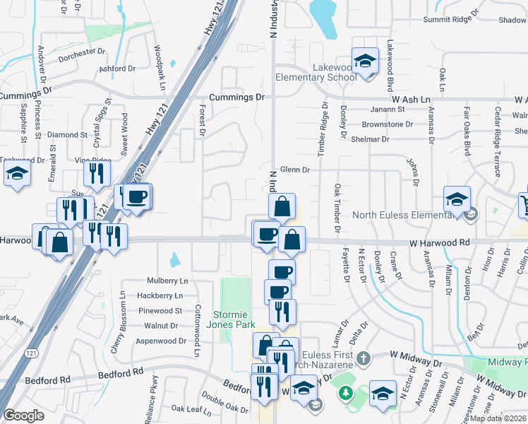 map of restaurants, bars, coffee shops, grocery stores, and more near 3216 Rustic Meadows Drive in Bedford