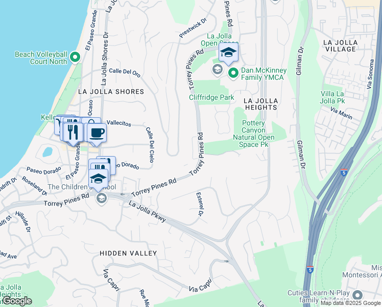 map of restaurants, bars, coffee shops, grocery stores, and more near 2830 Torrey Pines Rd in La Jolla