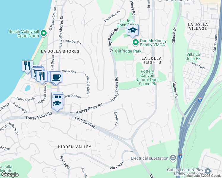 map of restaurants, bars, coffee shops, grocery stores, and more near 2842 Torrey Pines Road in San Diego