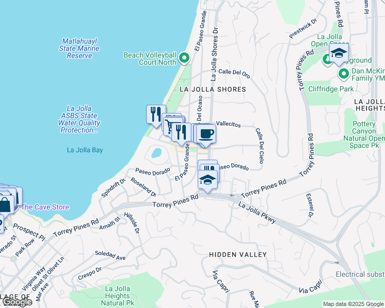 map of restaurants, bars, coffee shops, grocery stores, and more near 8070 La Jolla Shores Drive in San Diego