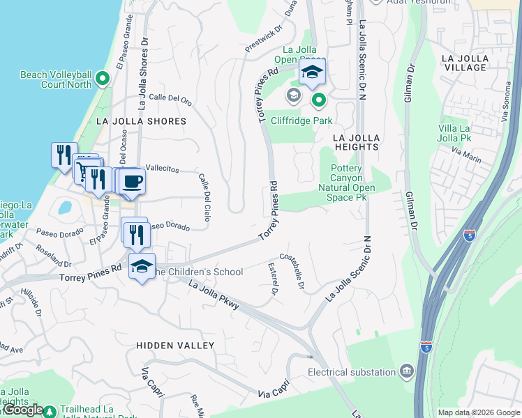 map of restaurants, bars, coffee shops, grocery stores, and more near 2830 Torrey Pines Road in San Diego