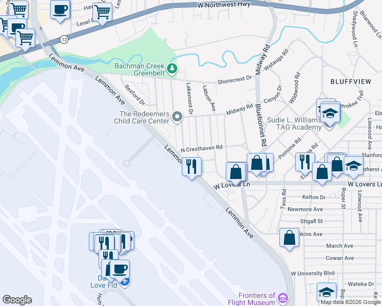 map of restaurants, bars, coffee shops, grocery stores, and more near 3941 Adrian Drive in Dallas