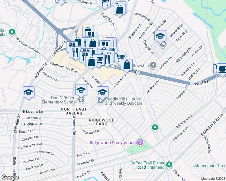 map of restaurants, bars, coffee shops, grocery stores, and more near 6514 Arborist Lane in Dallas