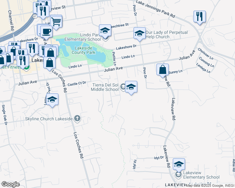 map of restaurants, bars, coffee shops, grocery stores, and more near 9616 Petite Ln in Lakeside