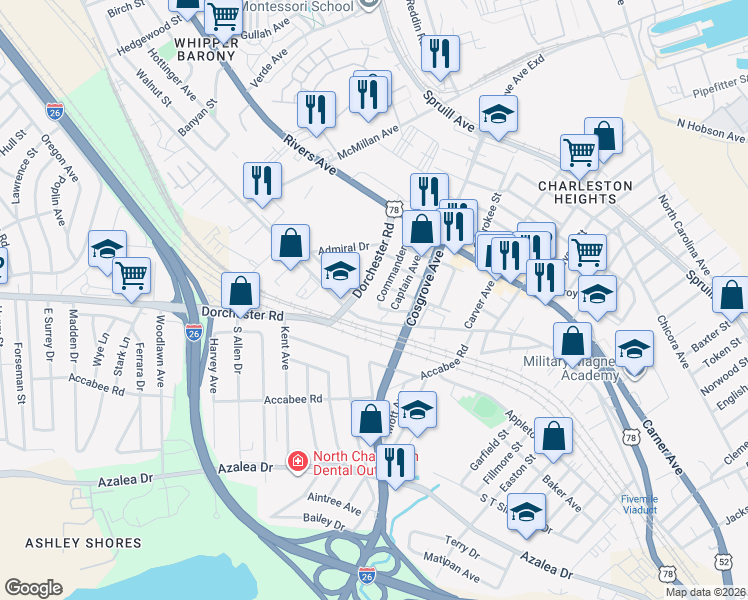 map of restaurants, bars, coffee shops, grocery stores, and more near 2140 Commander Road in North Charleston