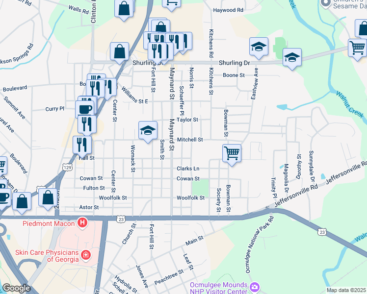 map of restaurants, bars, coffee shops, grocery stores, and more near 931 Schaeffer Place in Macon