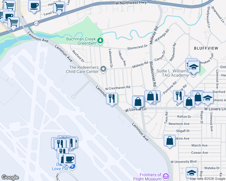 map of restaurants, bars, coffee shops, grocery stores, and more near 3941 Adrian Drive in Dallas