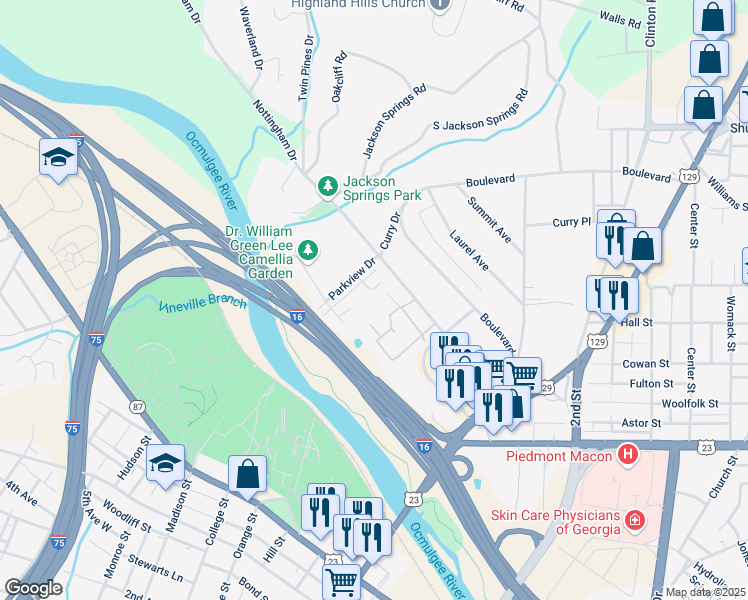 map of restaurants, bars, coffee shops, grocery stores, and more near 831 Parkview Court in Macon