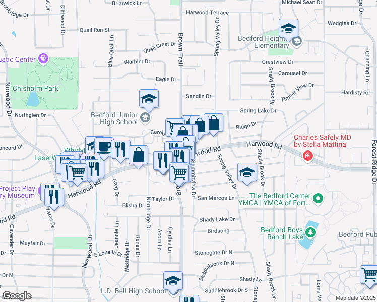 map of restaurants, bars, coffee shops, grocery stores, and more near 2825 Summit View Drive in Bedford