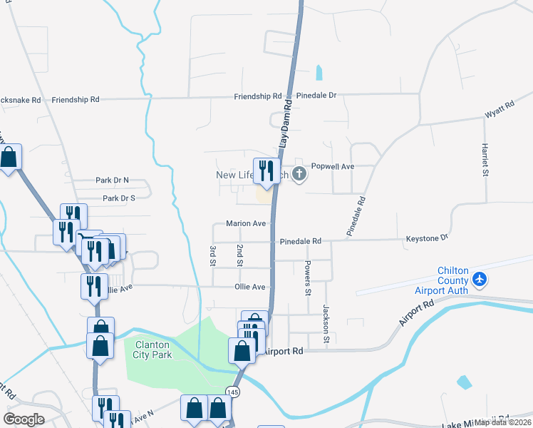 map of restaurants, bars, coffee shops, grocery stores, and more near 1001 Lay Dam Road in Clanton