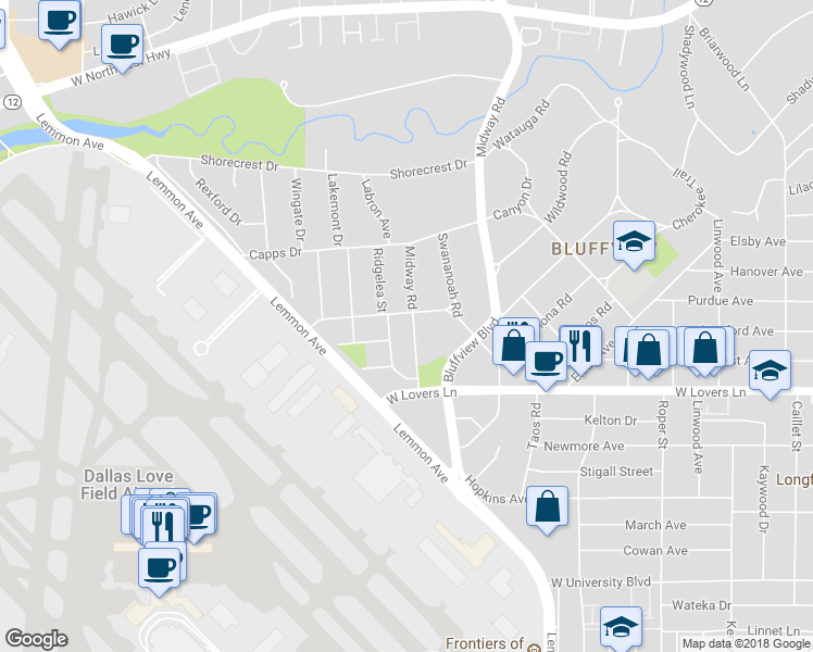 map of restaurants, bars, coffee shops, grocery stores, and more near 8311 Midway Road in Dallas