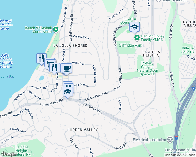 map of restaurants, bars, coffee shops, grocery stores, and more near 8067 Calle Del Cielo in San Diego
