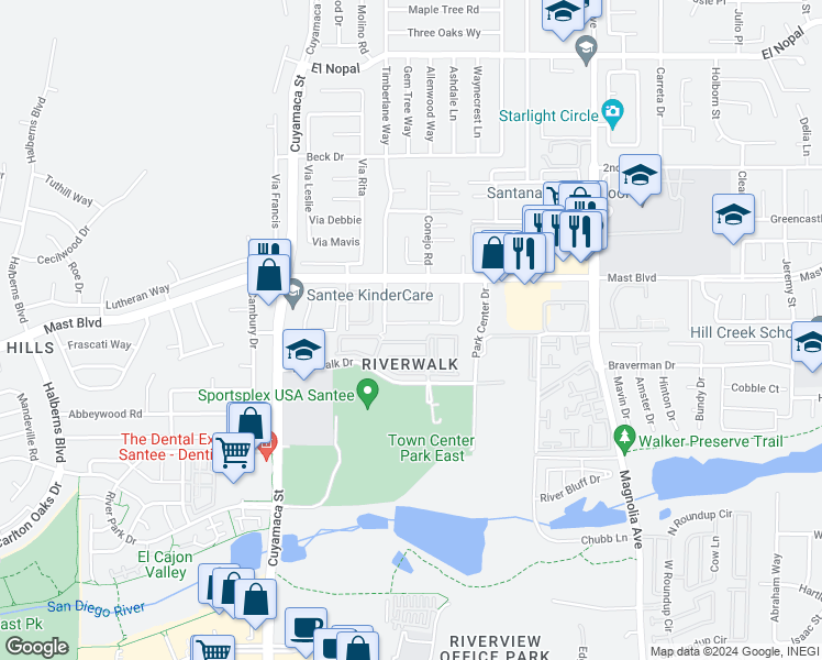 map of restaurants, bars, coffee shops, grocery stores, and more near 10047 Bilteer Court in Santee