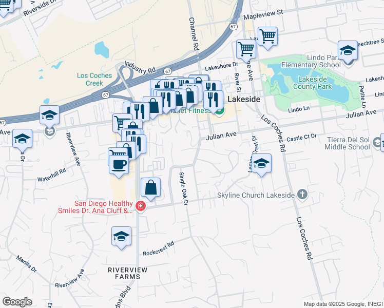 map of restaurants, bars, coffee shops, grocery stores, and more near 9620 Prospect Avenue in Lakeside