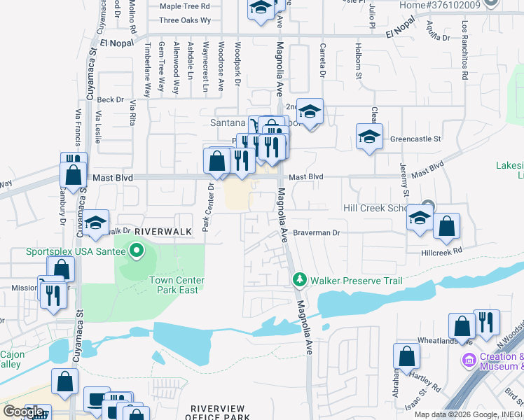 map of restaurants, bars, coffee shops, grocery stores, and more near 10388 Seth Way in Santee