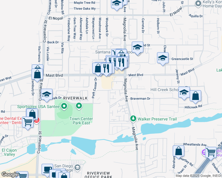 map of restaurants, bars, coffee shops, grocery stores, and more near 10308 Rosie Lane in Santee