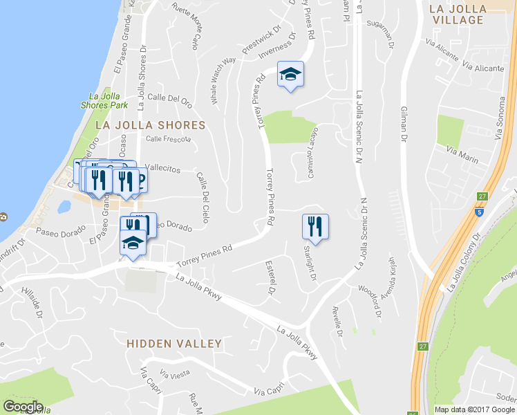 map of restaurants, bars, coffee shops, grocery stores, and more near 2830 Torrey Pines Road in San Diego