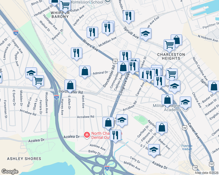 map of restaurants, bars, coffee shops, grocery stores, and more near 2140 Commander Road in North Charleston