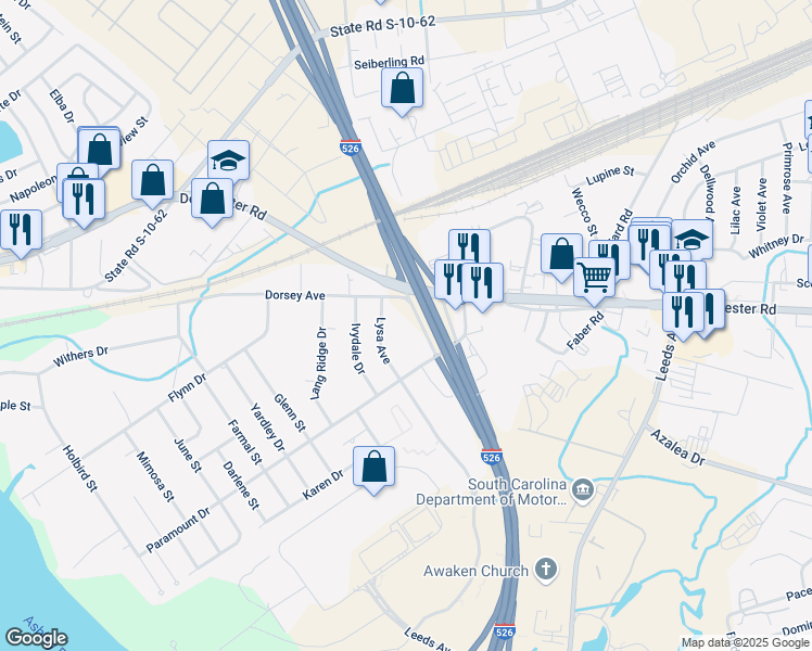 map of restaurants, bars, coffee shops, grocery stores, and more near 3801 Dorsey Avenue in North Charleston