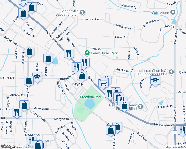 map of restaurants, bars, coffee shops, grocery stores, and more near 3180 Ridge Avenue in Macon
