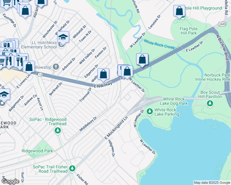 map of restaurants, bars, coffee shops, grocery stores, and more near 7400 East Northwest Highway in Dallas
