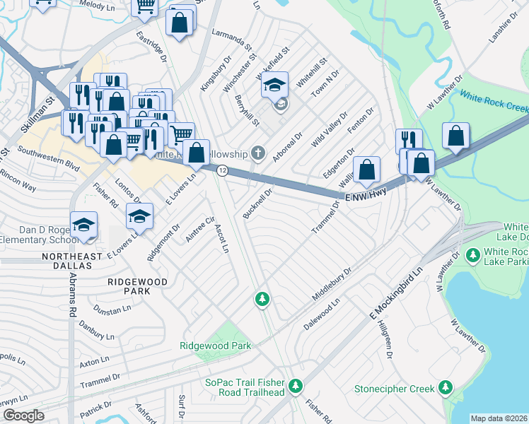 map of restaurants, bars, coffee shops, grocery stores, and more near 7031 Haverford Road in Dallas