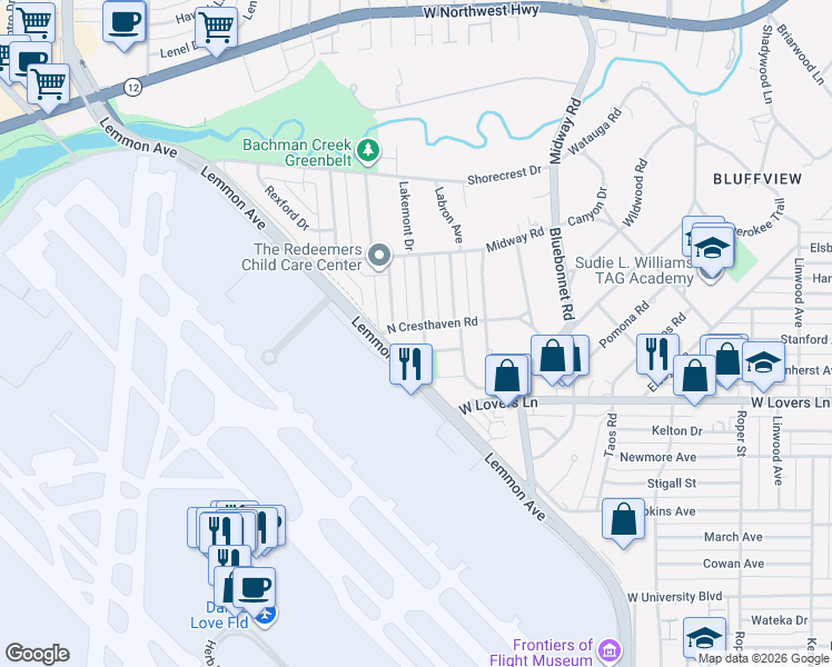 map of restaurants, bars, coffee shops, grocery stores, and more near 3941 Adrian Drive in Dallas