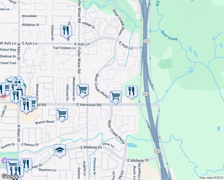 map of restaurants, bars, coffee shops, grocery stores, and more near 1130 Bear Creek Parkway in Euless