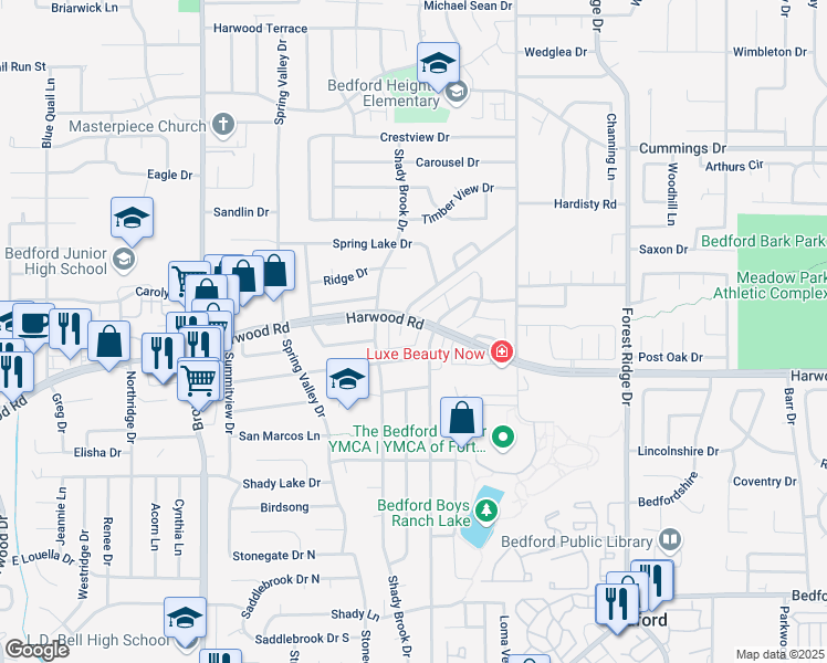 map of restaurants, bars, coffee shops, grocery stores, and more near 2805 Springhaven Court in Bedford