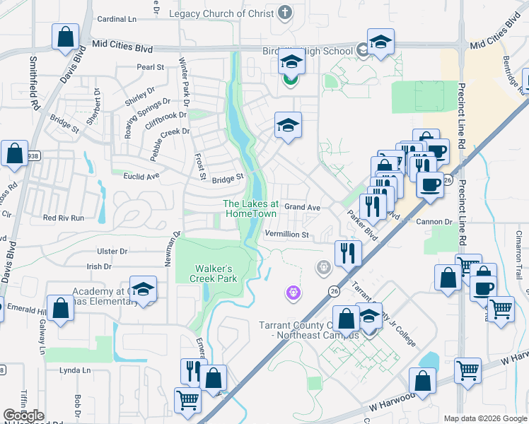 map of restaurants, bars, coffee shops, grocery stores, and more near 6008 Maybrook Drive in North Richland Hills