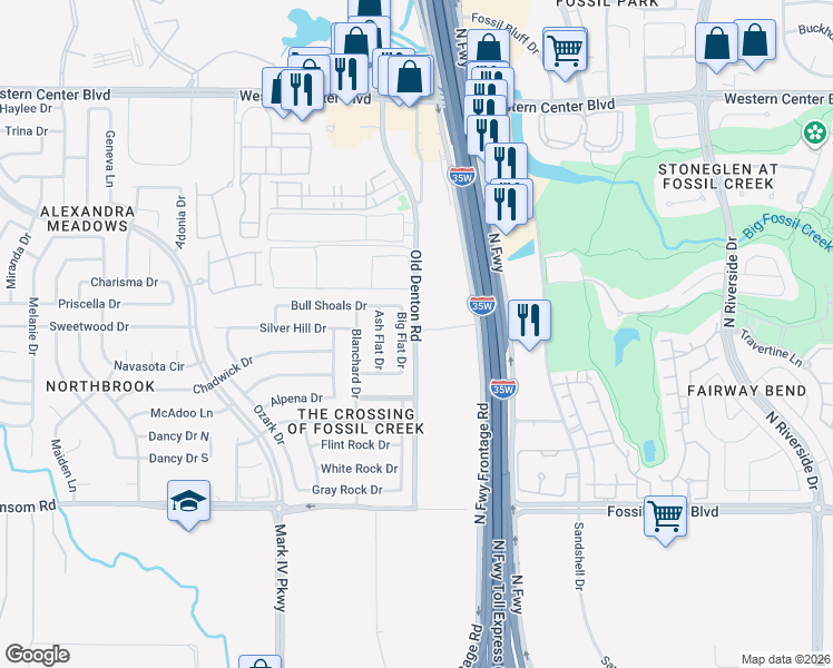 map of restaurants, bars, coffee shops, grocery stores, and more near 5998 Old Denton Road in Fort Worth