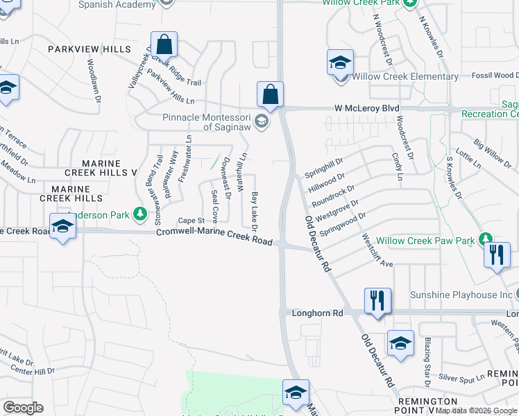 map of restaurants, bars, coffee shops, grocery stores, and more near 6328 Bay Lake Drive in Fort Worth