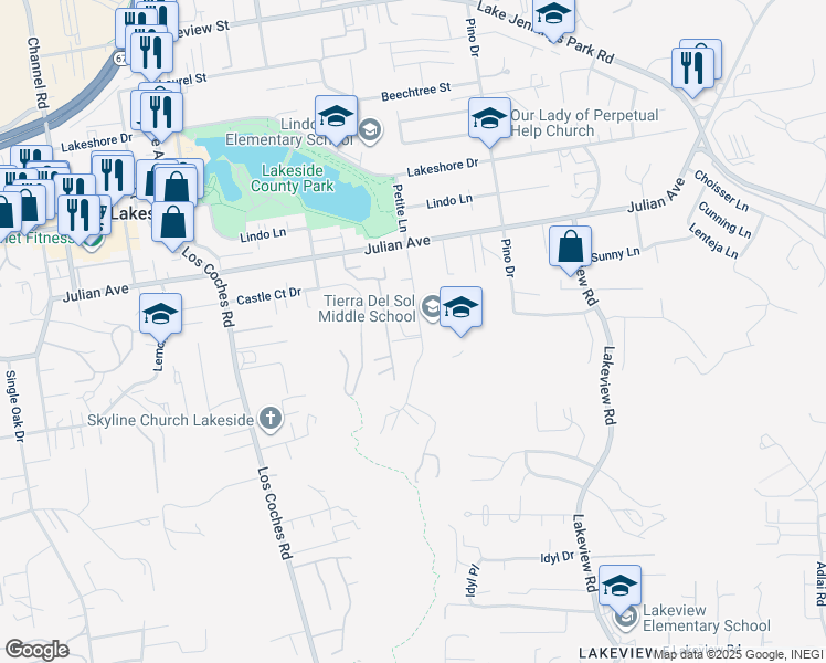 map of restaurants, bars, coffee shops, grocery stores, and more near 9616 Petite Lane in Lakeside