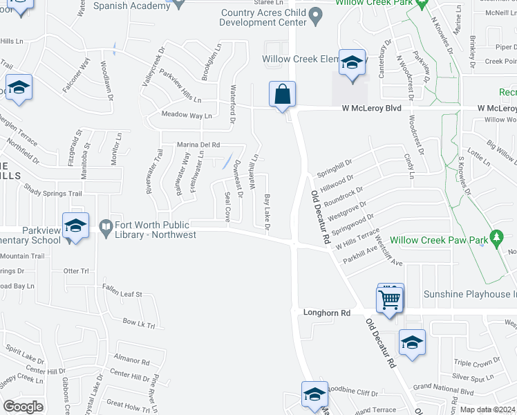 map of restaurants, bars, coffee shops, grocery stores, and more near 6404 Waterhill Lane in Fort Worth