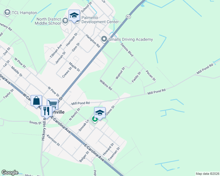 map of restaurants, bars, coffee shops, grocery stores, and more near 599 Walnut Street in Varnville